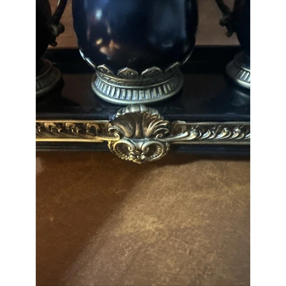 Hollywood Regency Resin Inkwell & Urn Vanity Tray 4pc Set Black Gold Decor